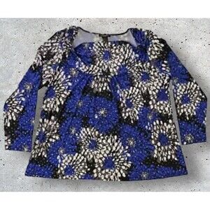 Susan Lawrence Womens 3X Long Sleeve Stretch Blouse Floral Blue White Black